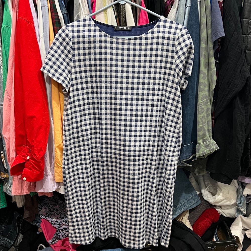 Mango Navy and White Checkered Midi Dress